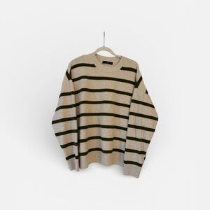 Stylish Beige and Green Striped Crewneck Sweater